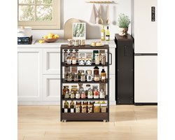 FloraGrace Opbergwagen – 55 x 12 x 85 cm – Met Rollen En 4 Verstelbare Planken – MDF – Zwart Bruin – Voor Keuken Badkamer En Berging