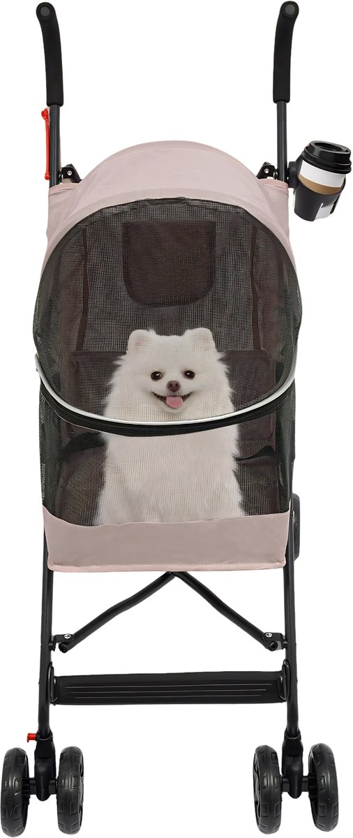 Opvouwbare Huisdierenbuggy – Compacte Buitenbuggy met Regenhoes en Achtervak voor Kleine en Middelgrote Honden of Katten – Roze