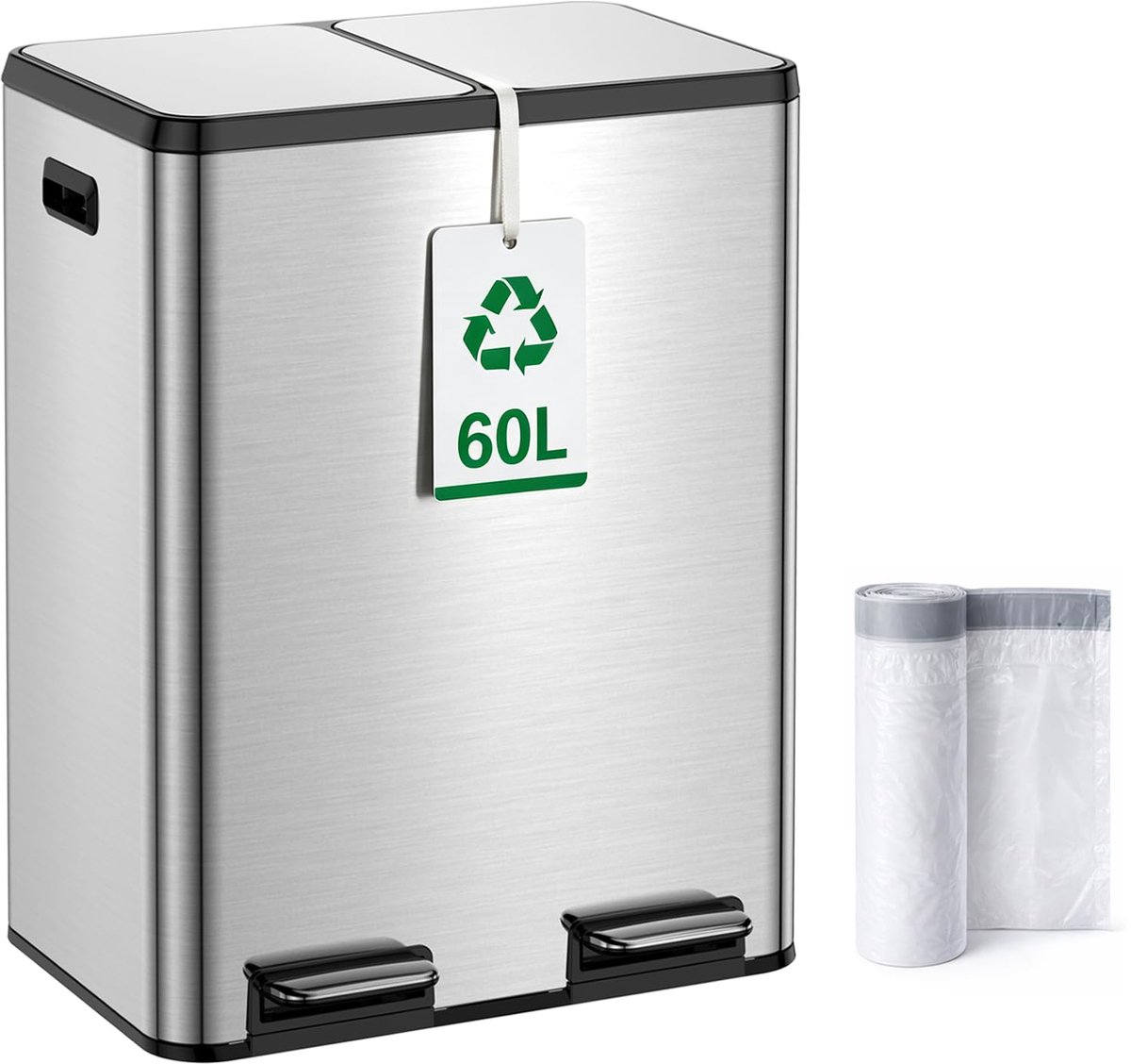SnelShoppen - Prullenbak Keuken 60L RVS, 2x30L Afvalscheiding met Soft Close Deksel, Pedaalemmer met Uitneembare Binnenemmers, Dubbele Afvalbak voor K