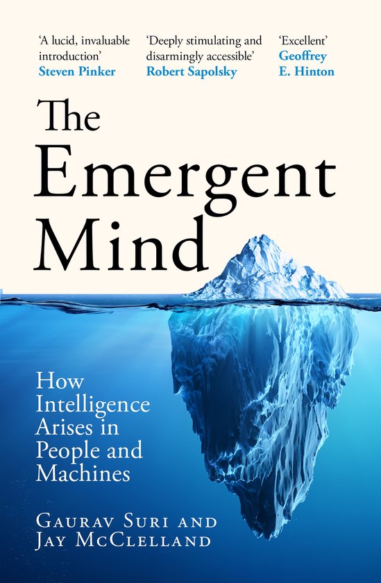 Boek kaft: 'The Emergent Mind', met een ijsberg boven en onder water. Tekst met citaten.