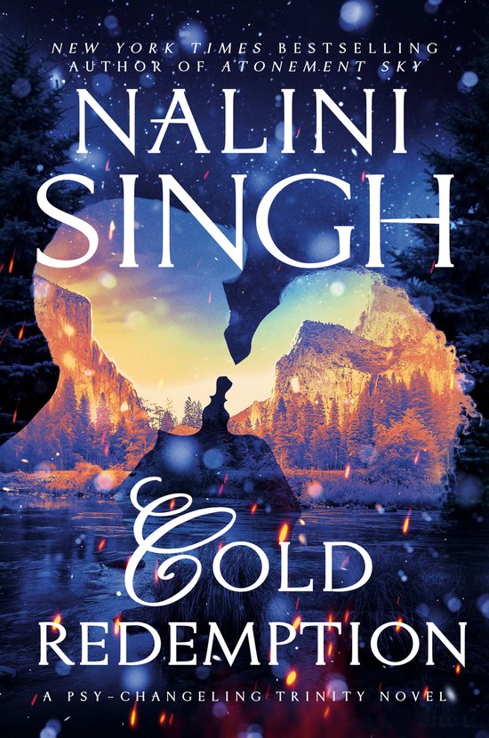 Boekomslag 'Cold Redemption' door Nalini Singh. Twee profielen tegen een landschap met bergen en bos, met vonken.