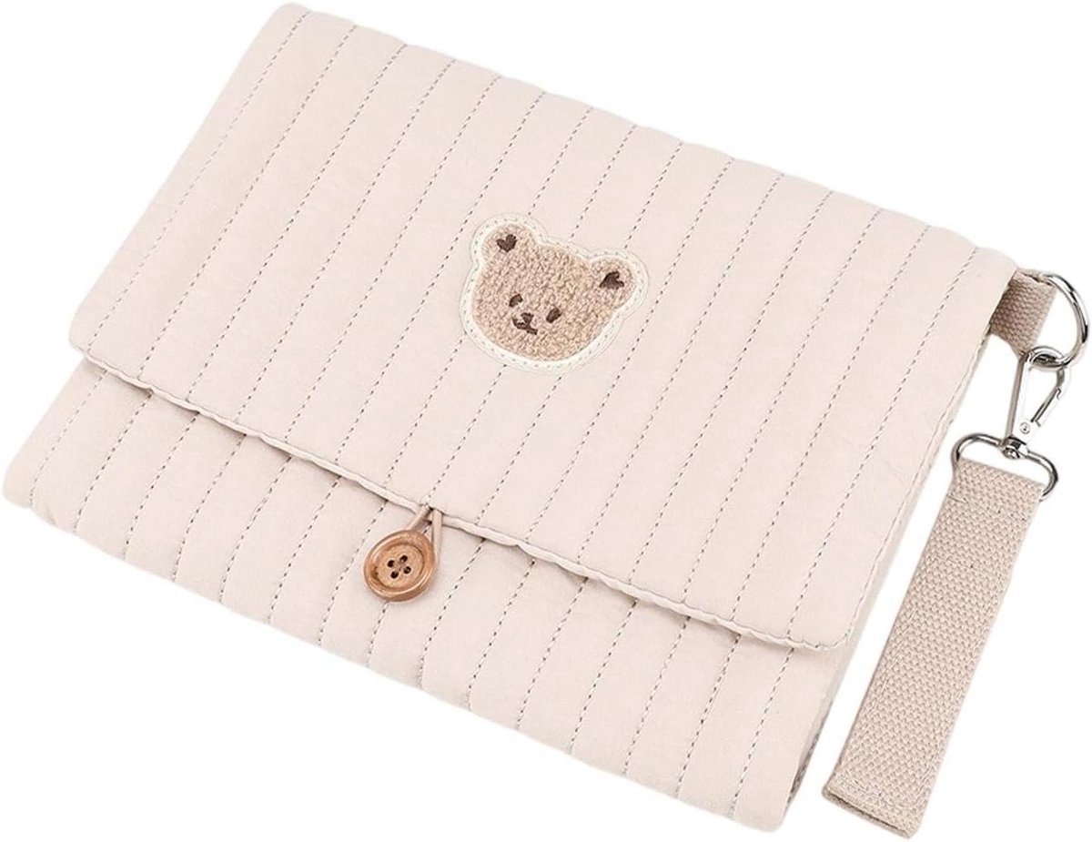 Luieretui Beer Borduurwerk - Opvouwbare Organizer Luier - Baby Benodigdheden Meenemen - Met Kinderwagenband - 24x19 cm - Khaki