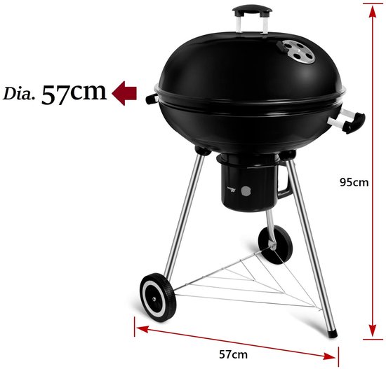 Kogelbarbecue 57 cm met Deksel - Houtskool BBQ Grillwagen met Wielen en Luchtklep - Ronde Barbecue van Emaille en RVS voor 5-10 Personen - Voor Tuin, Terras, Picknick en Feestjes — afbeelding 3