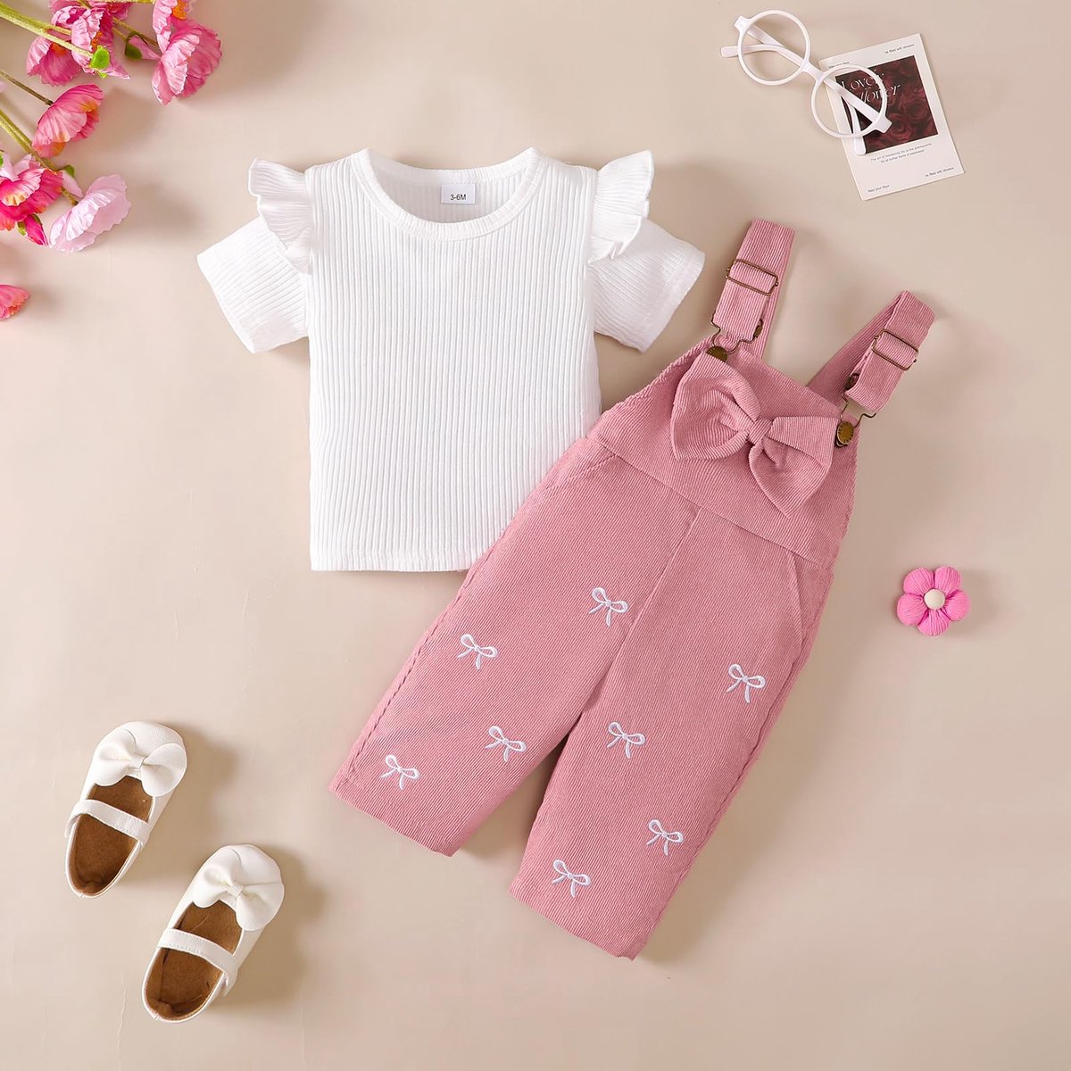 SnelShoppen - Kledingset voor meisjes, ribgebreide top met lange mouwen en broek met bretels, zakken, roze, voor 3-6 maanden, schattige outfit voor fe