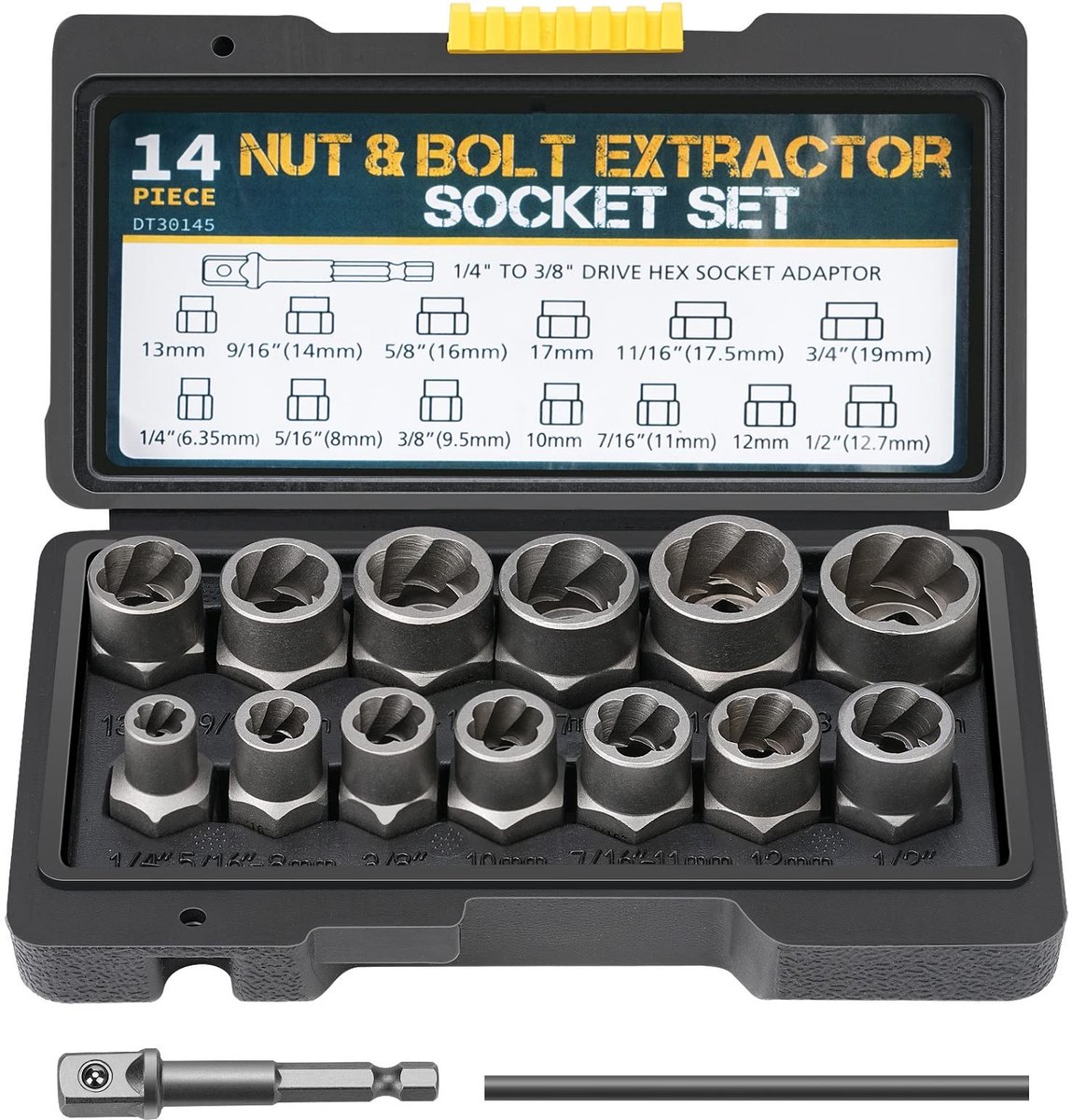Dailygoods- Moer Remover Set 14-delig - Moer Extractor - Schroef Extractor - Beschadigde Schroefkop Verwijderen - Hex Adapter - Conisch Spiraalprofiel - Moerextractor