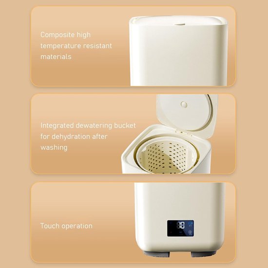 Draagbare Wasmachine - Mini Wasmachine Centrifuge - Appartement Wassen - Volautomatisch LCD Touchscreen - 7 Liter - Beige — afbeelding 3
