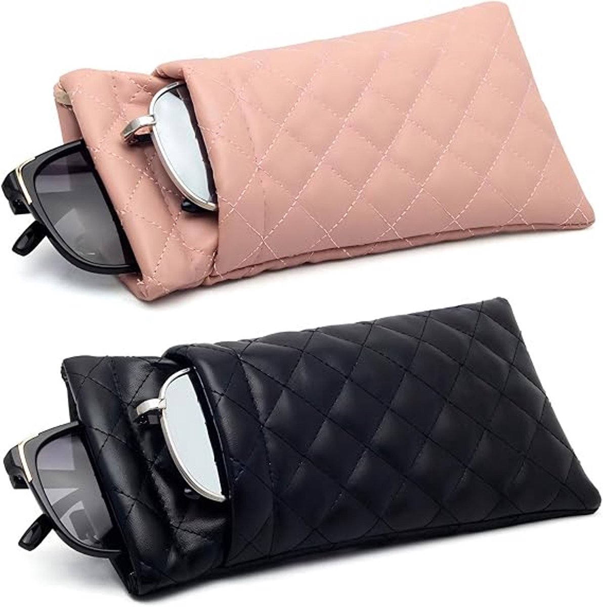 2 stuks set dubbele bril doos, PU lederen dubbele bril doos Large extrudeerde top draagbare zonnebril doos, geschikt voor dames mannen, zwart, roze