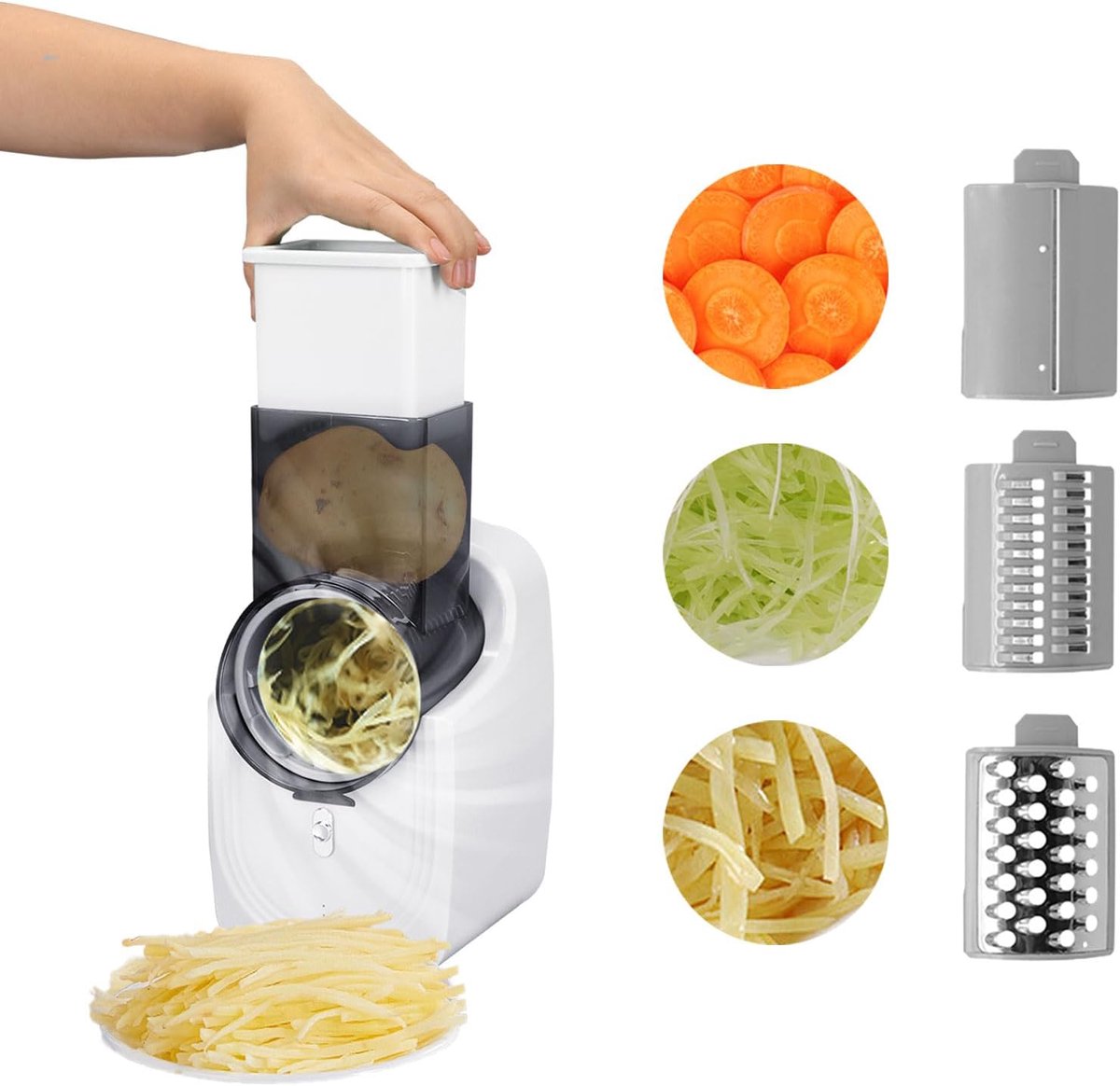 Bobypet - Elektrische Groentesnijder met 3 Messen - Groenterasp & Kaasrasp met XL Vulopening - Multifunctionele Keukensnijder voor Aardappel, Wortel en Groente - Wit