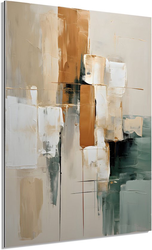 Abstract schilderij op aluminium Dibond met beige, bruine, witte en groene accenten.