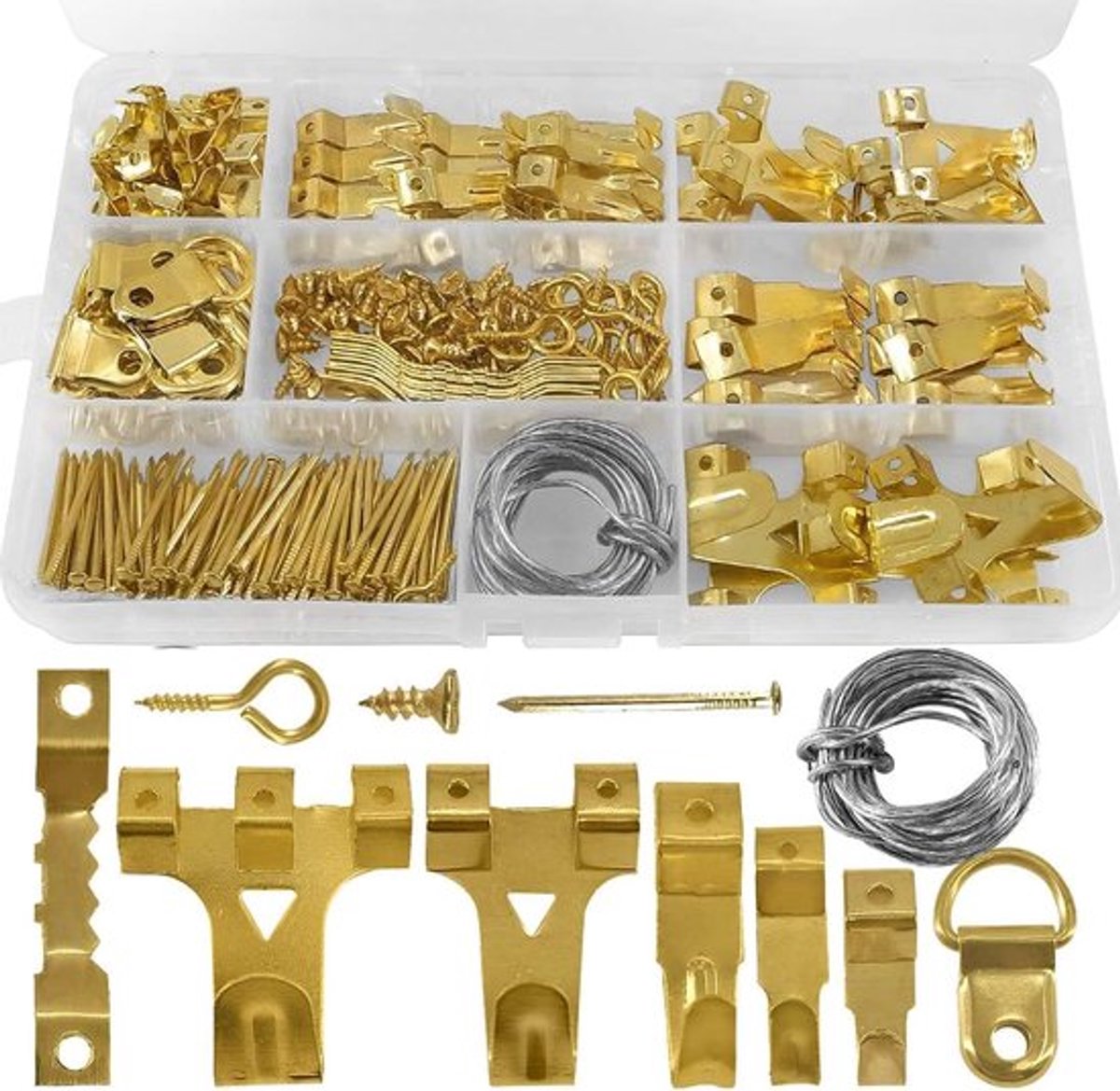 Foto Haakjes voor Harde Muren - Foto Ophangset voor Fotolijsten - Assortiment met Stalen Haken, Zaagtand Hangers, D-Ring, Stalen Draad, Spijkers, Schroeven