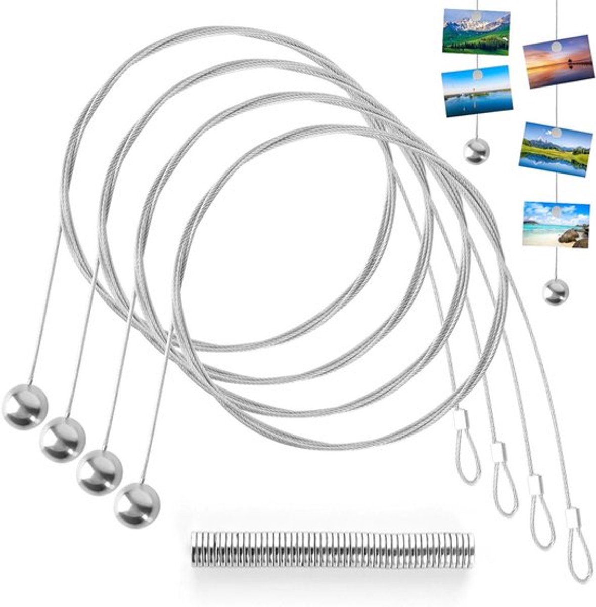 Premium - Fotoketting 4 stuks 15 mm x 2 m met 48 magneten - Draadkabel voor foto's en ansichtkaarten - Zilverkleurig