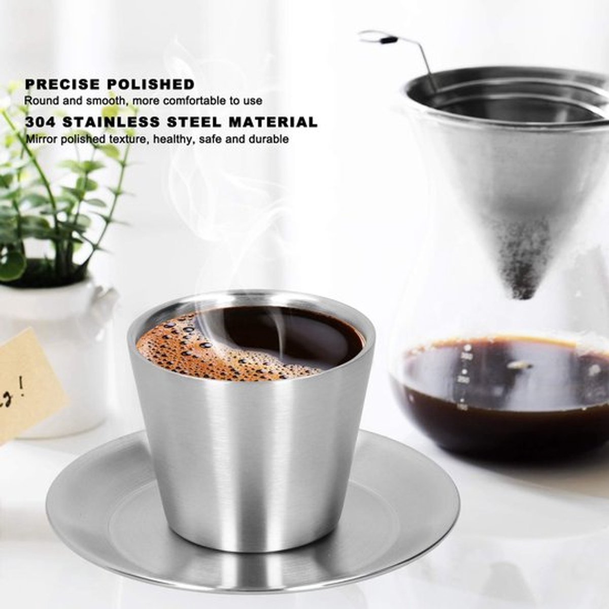 Dubbelwandige RVS Koffiemok Set met Schotel - Isolerende Drinkbeker voor Koffie en Thee