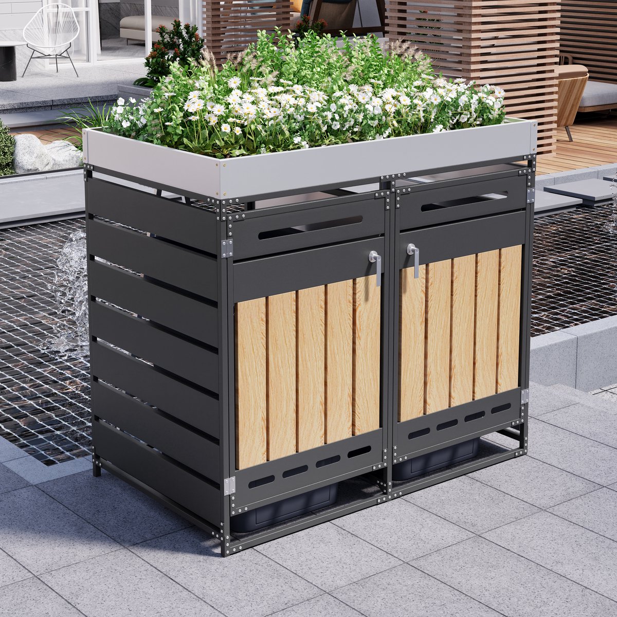 COVREO Containerberging 131x79x120 cm zwart metaal, 2 vakken met plantenbak