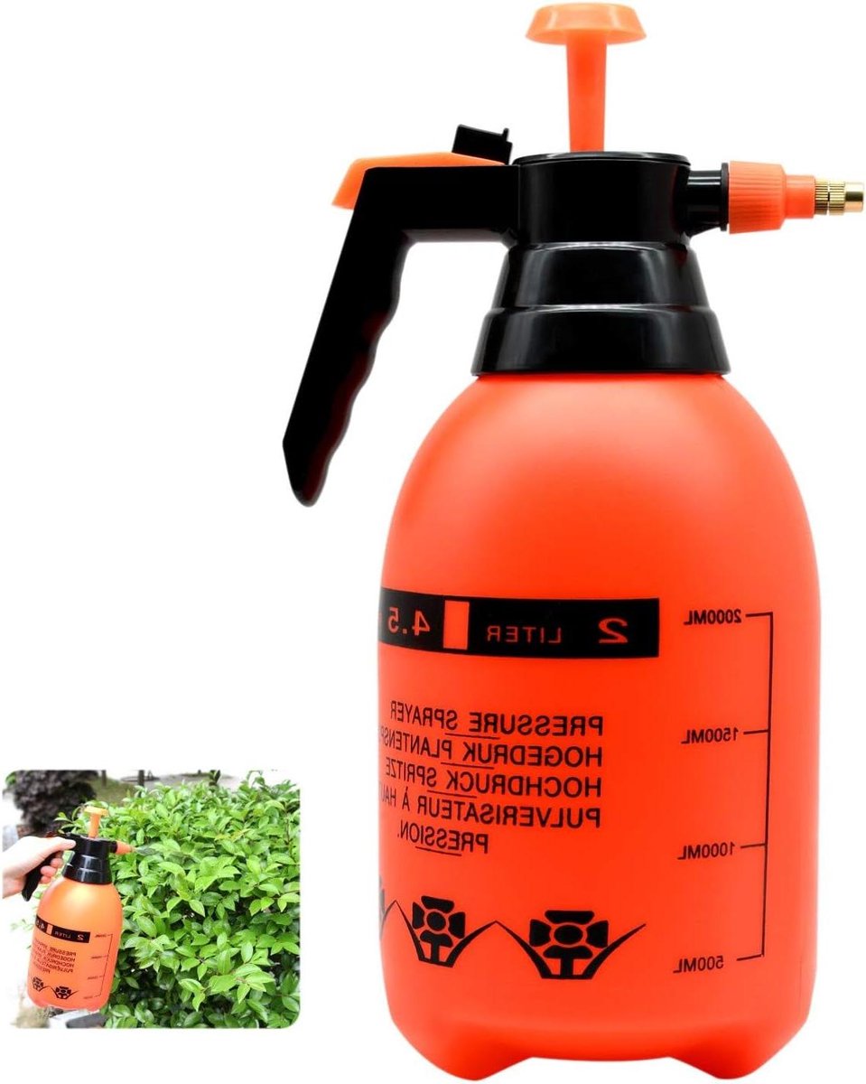 Drukspuit - Tuinspuitfles Verstuiver - Planten Water Geven - Verstelbaar Messing Mondstuk - 2 Liter - Oranje