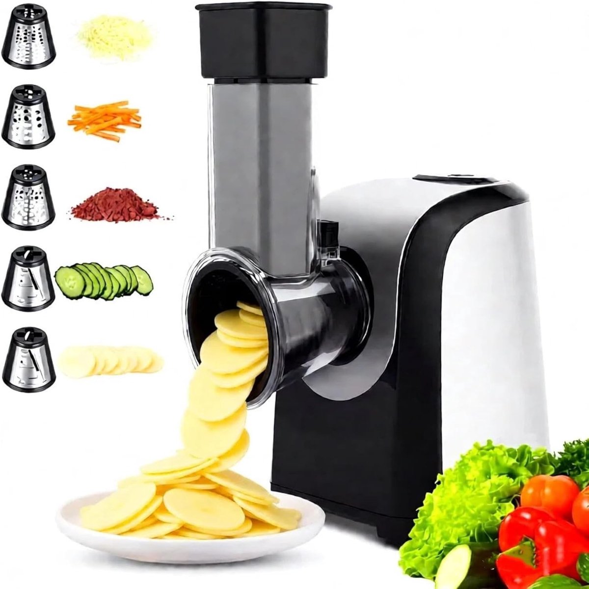 Elektrische Groentesnijder - Wit - 17,5 x 15,5 x 19 cm - 5-in-1 Multirasp met Roestvrijstalen Snijtrommels - Voor Groenten en Fruit