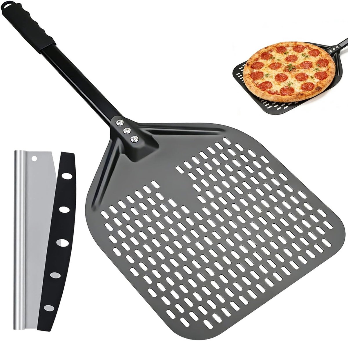 Premium pizzaschep - lange pizzaschep - geperforeerde pizzaschep van hard geanodiseerd aluminium - vergemakkelijkt het verplaatsen van pizzadeeg - grillaccessoires cadeau