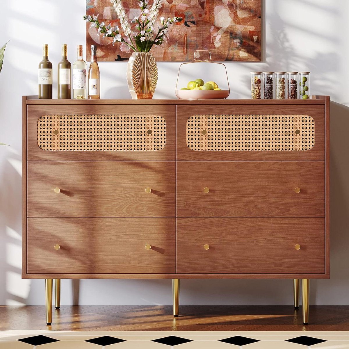 Rotan Commode - Dressoir Met Laden - Opbergen Woonkamer - Zes Ruime Laden - 120x40x90cm - Noten
