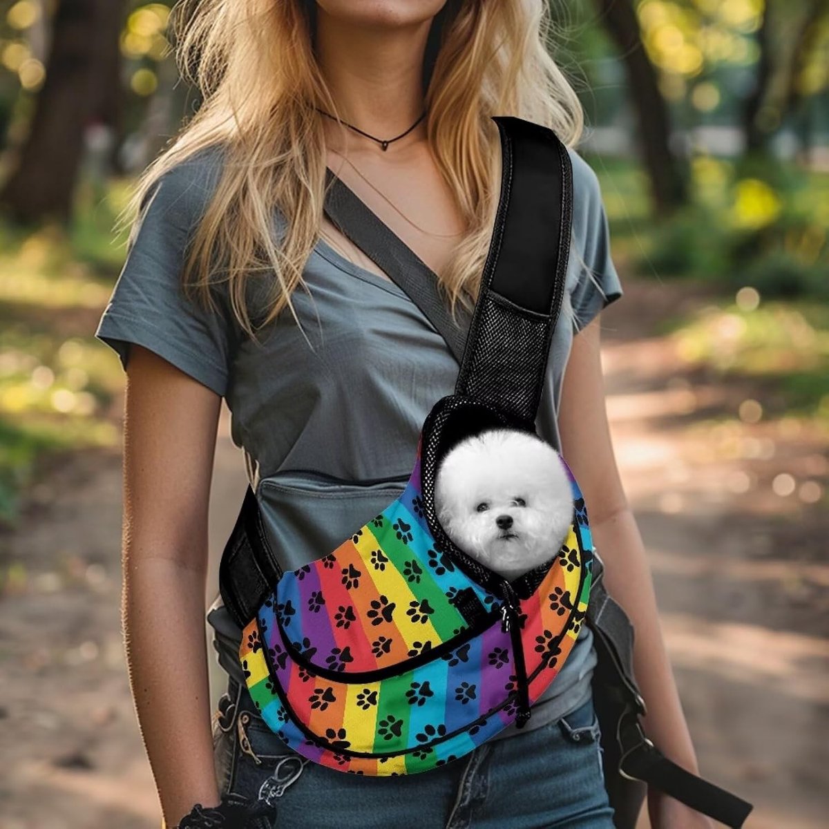 Draagtas voor Honden met Regenboog Pootafdrukken - Gewatteerde Schouderband voor Kleine en Middelgrote Huisdieren, Ideaal voor Wandelen en Reizen, Handig en Handsfree