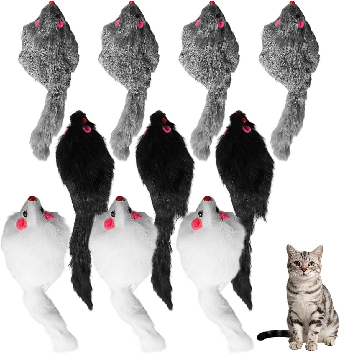 Set van 10 speelmuizen met geluid en kattenkruid, veilige kattenspeeltjes voor alle rassen, gemengde kleuren en materialen