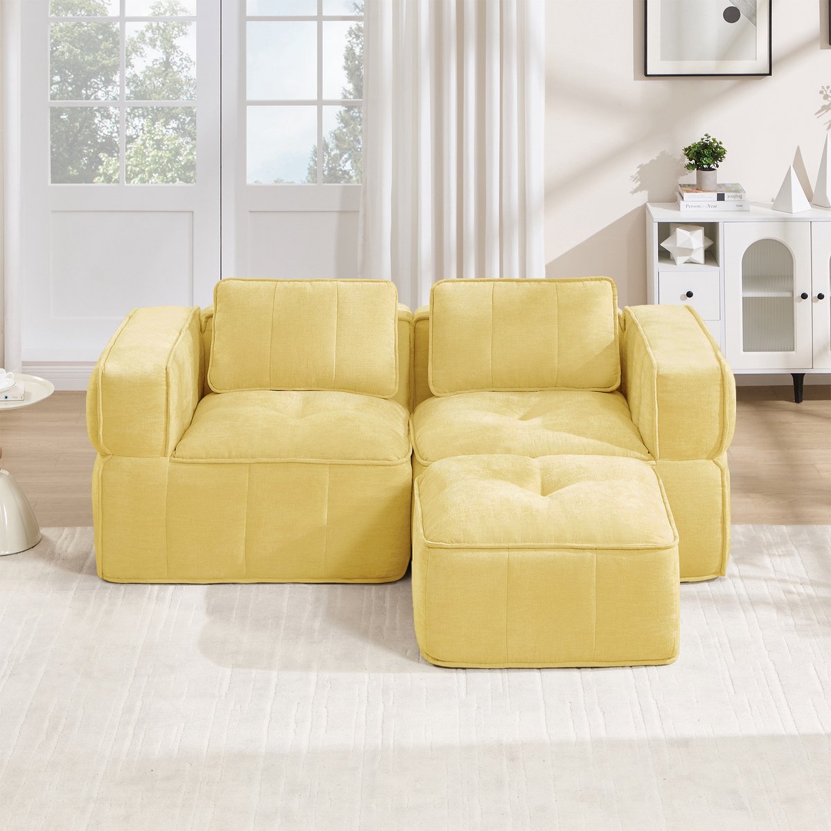 Woonkamer Hoekbank, L-Bank, 2-Zits bank, L-Vormige Modulaire Tweezitsbank Zonder Frame Met Voetenbank, 32D Schuim Met Hoge Dichtheid, Diepe Zitting, Huidvriendelijke Stof, Antislip, Voor Woonkamers En Appartementen-Geel