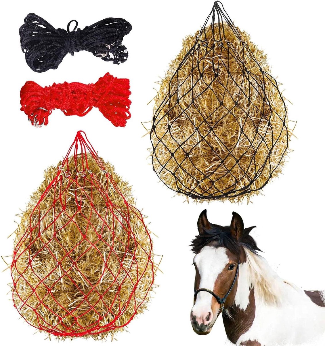 Hooi Netten Paarden - Voer Netten - Langzaam Eten - Simuleert Grazen - 36 Inch - Zwart en Rood