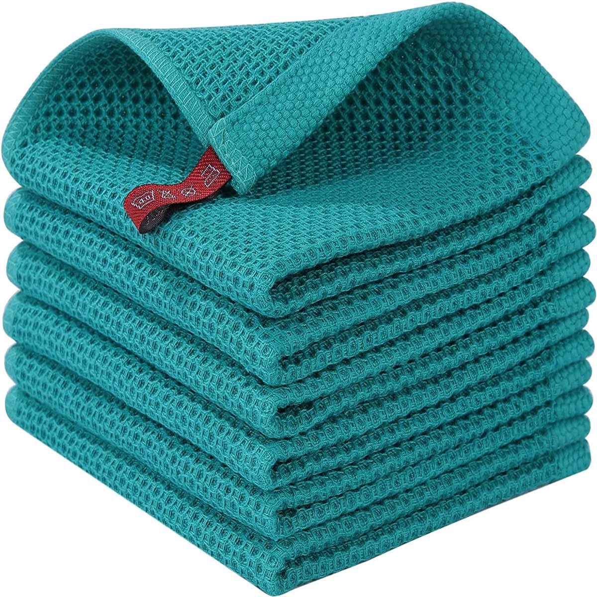 MODFU Keukenhanddoek Set 6 stuks - 34x34 cm - 100% Katoen - Absorberend Theedoek met Haak - voor Afdrogen en Schoonmaken - Donkergroen