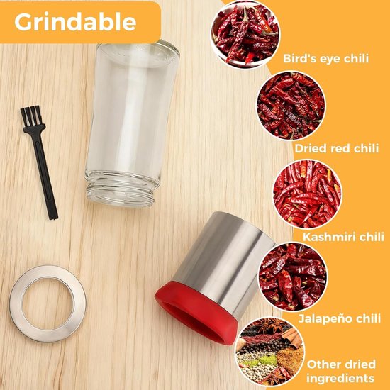 Chili Molen van RVS met Borstel, 150 ml Specerijenmolen voor Grof Malen van Chili, Zout, Peper en Kruiden voor in de Keuken en BBQ — afbeelding 4