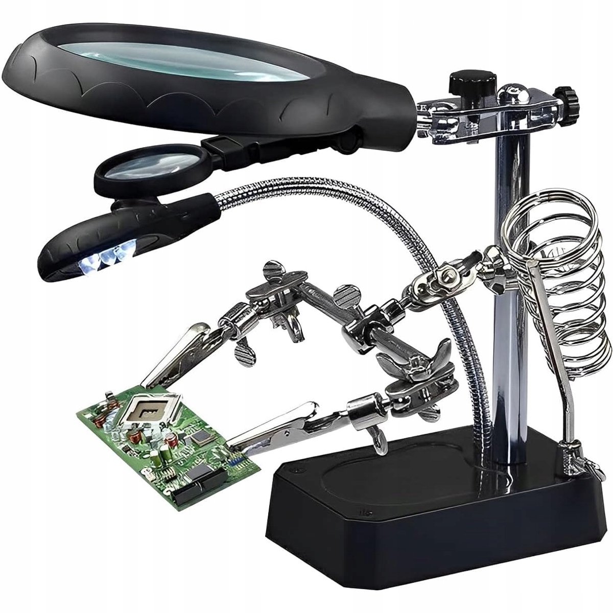 Rosfix Derde Hand Loep - 3x/7,7x/10x Vergroting, 5x LED - Ø90mm Loep, USB/AA Voeding, Stalen Basis