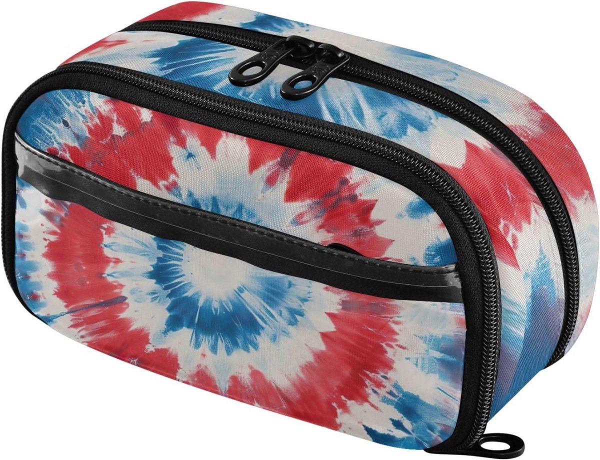 Tie-Dye Pennen etui - Potloodtas Grote Capaciteit - School Organisatie - Doorzichtig PVC Vak - 2 Liter - Wit Blauw