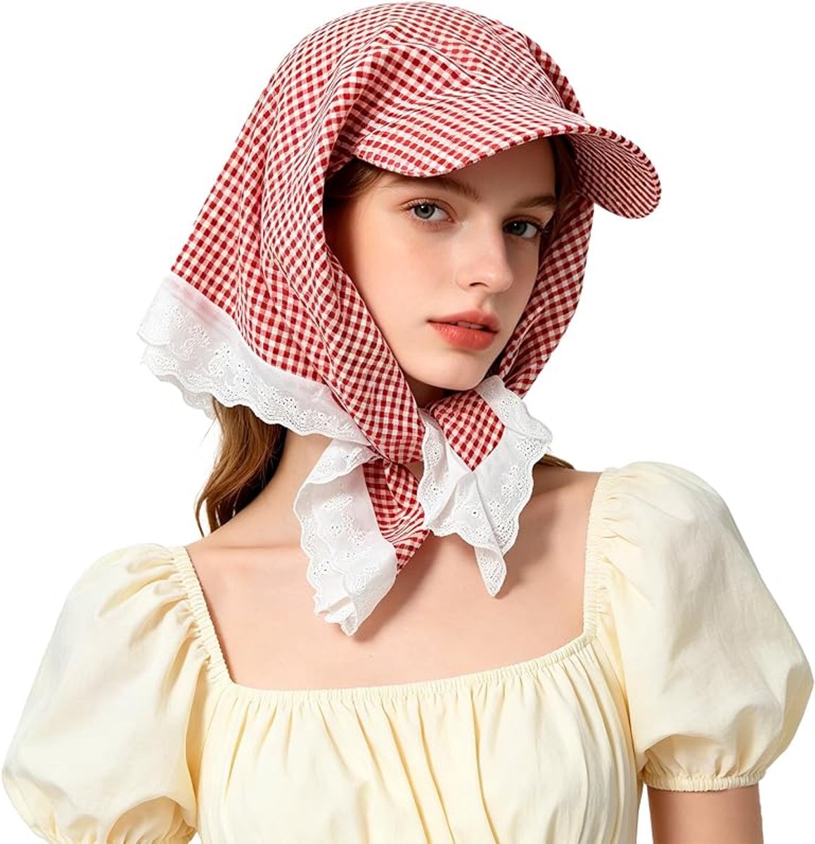 Ulisem - Zonnehoed Dames – Geruite Hoofddoek met Zonneklep – Opvouwbare Zonnekap met Nekbedekking & Kanten Rand – voor Strand & Outdoor - Roze