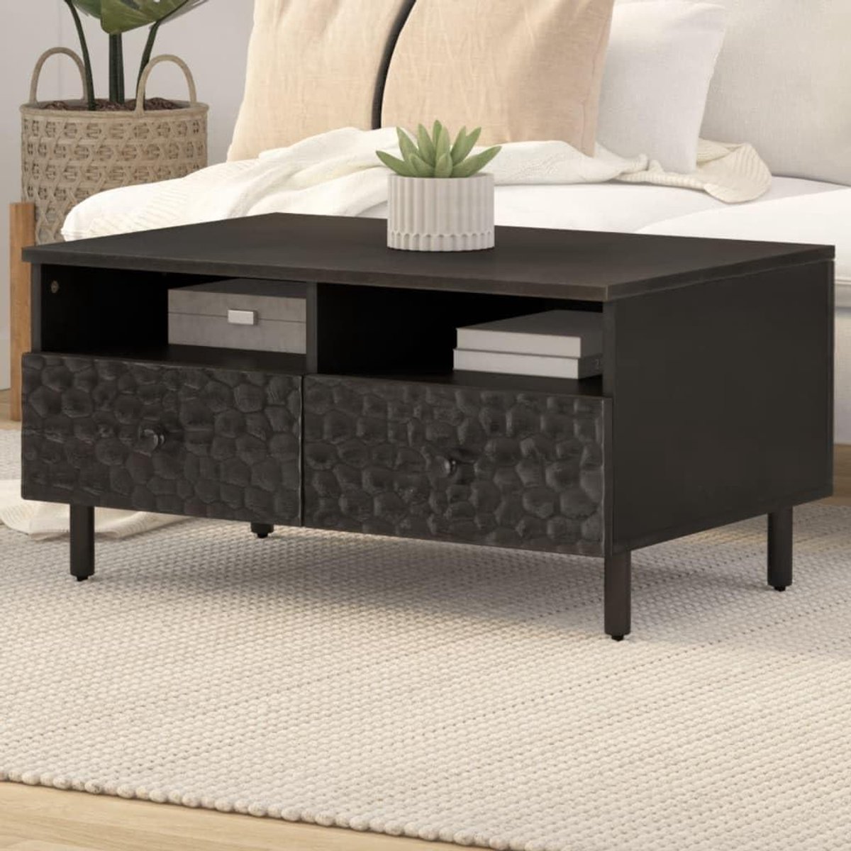 Salontafel - Koffietafel - Woonkamer Inrichten - Massief Mangohout - 80 x 54 x 40 cm - Zwart