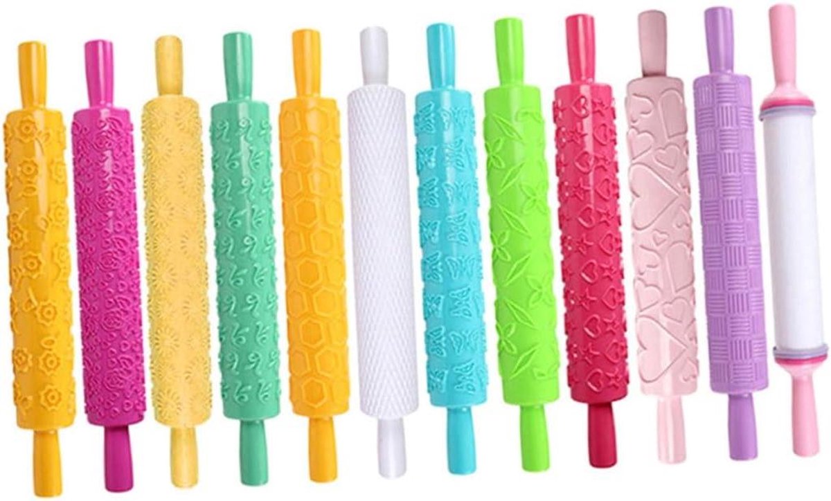 Deegroller Set - Bakvormen Koekjes - Taarten Decoreren - 8 Verschillende Patronen - 36.5 x 4.5 cm - Meerdere Kleuren