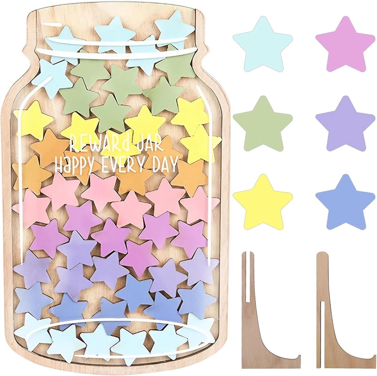Beloningspot met 45 sterren voor kinderen, ideaal voor motivatie, goed gedrag en dagelijkse taken stimuleren met houten design