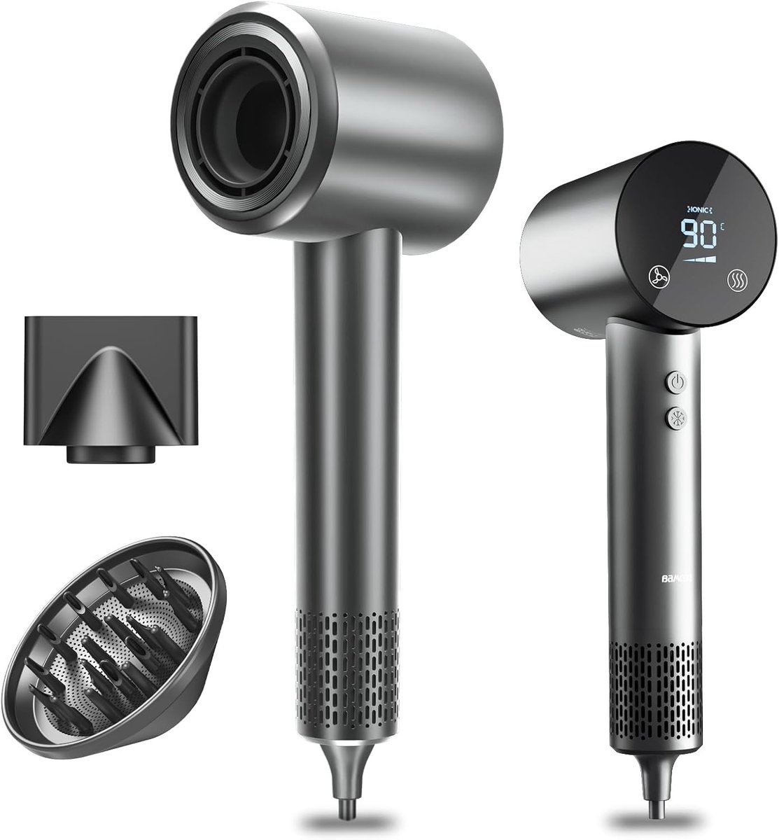 Haardroger - Donkergrijs - 1500W - Ionen Föhn met HD-display en Diffusor - Voor Dames