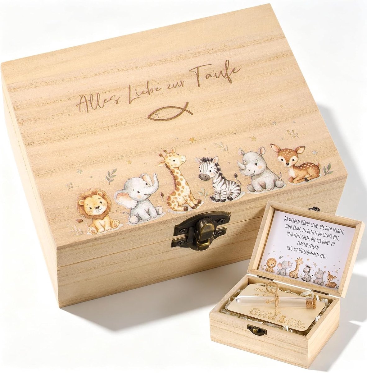 Set van 4 Cadeauset voor Doop met Houten Doos, Reageerbuis, Wenskaart en Decoratie voor Feestgasten en Dieren