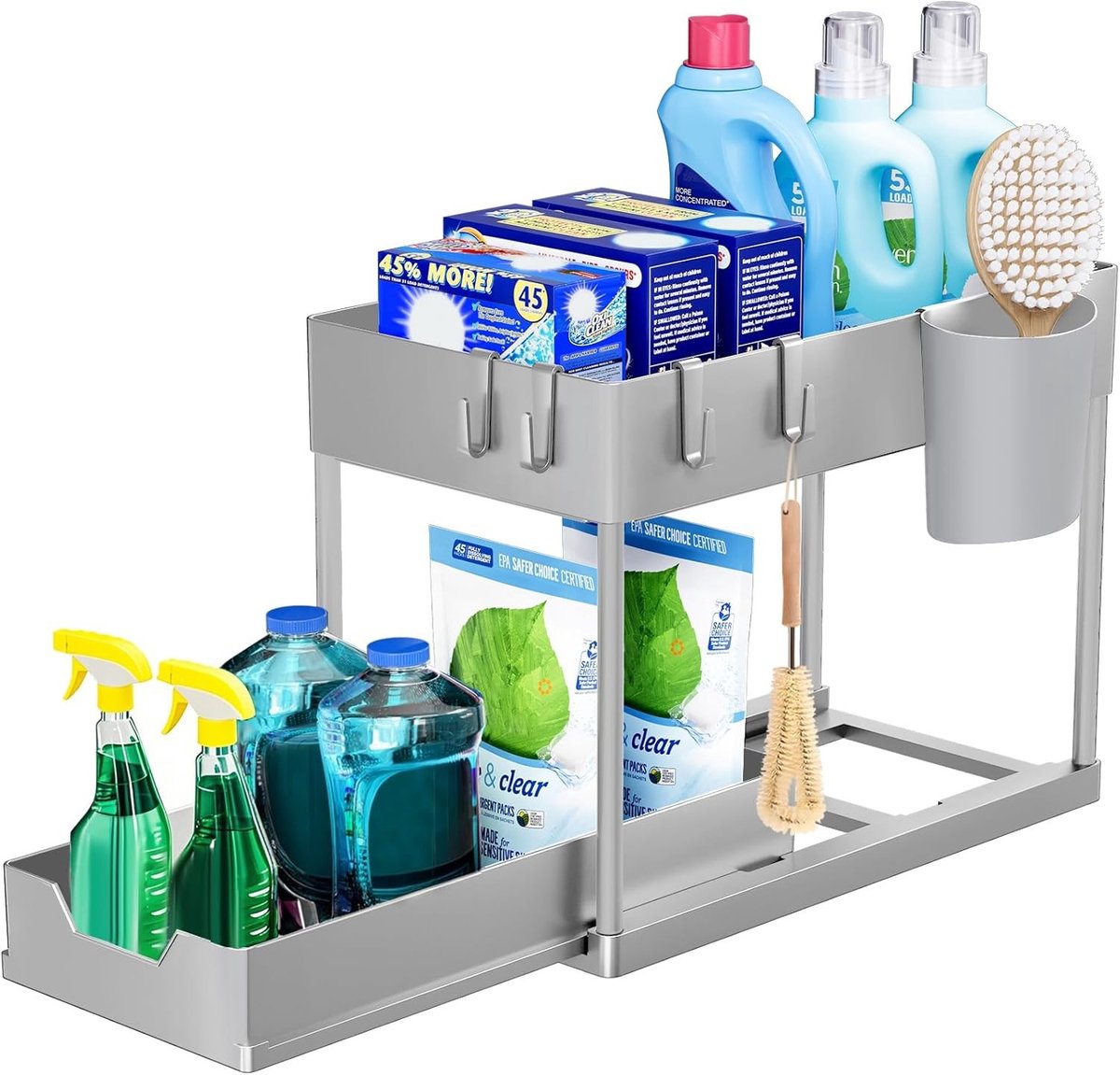 Gootsteenkast organizer uitrekbaar - Grijs - 40 x 21,8 x 33,5 cm - Multifunctioneel metalen opbergrek met lade - Voor keuken en badkamer