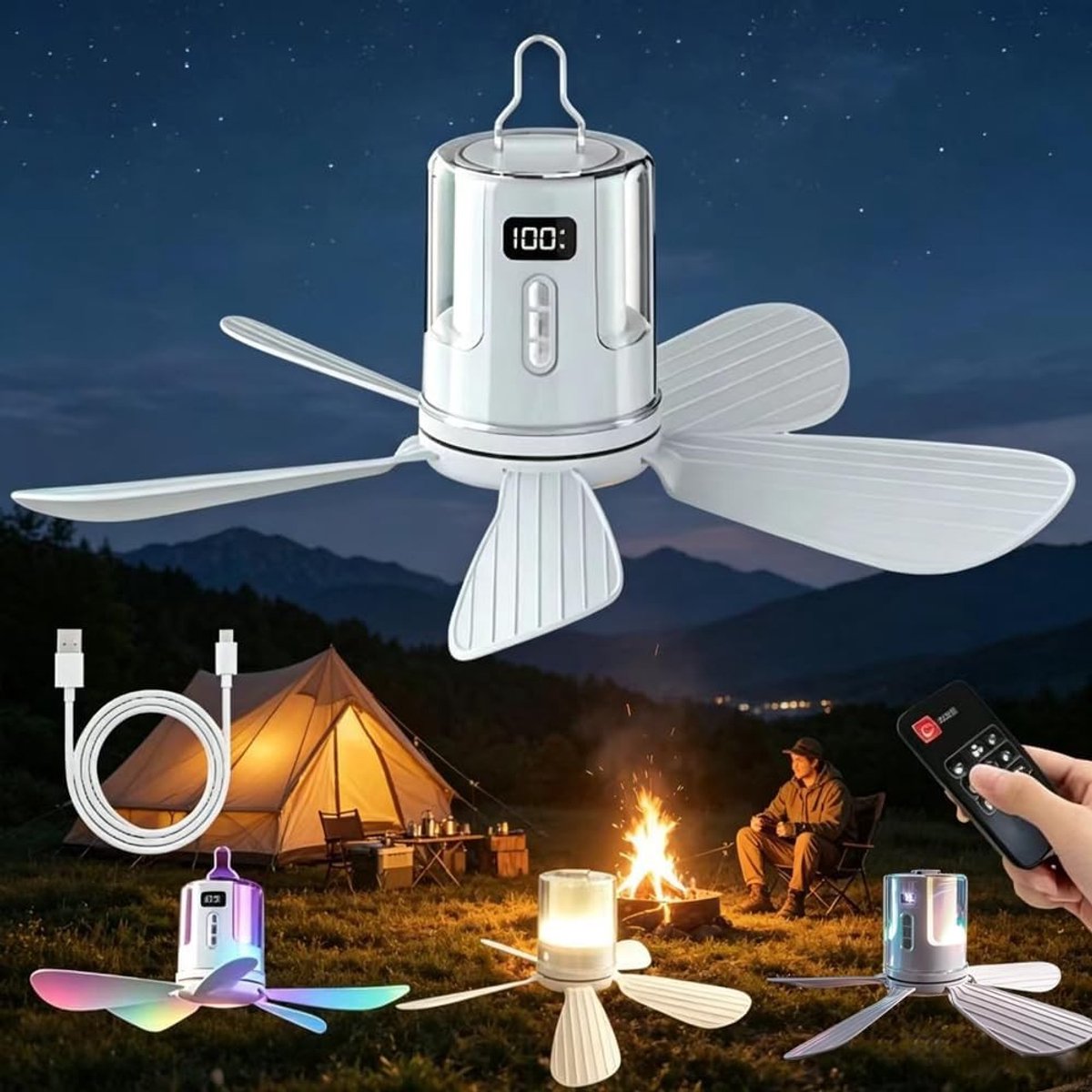 Plafondventilator met verlichting - Wit - 10 x 2 x 10 cm - Oplaadbare Ventilator met LED Licht en Afstandsbediening - Voor Camping en Buiten