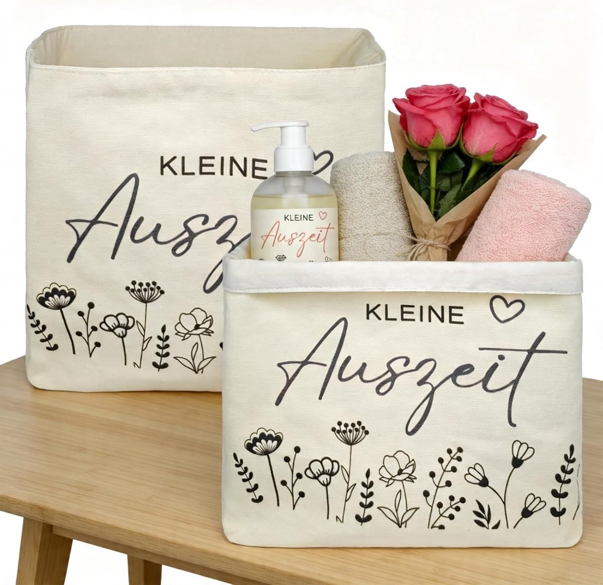 Kleine herbruikbare vrijetijdsmanden van katoen met hartmotief voor verjaardag, Valentijnsdag en Moederdag (2 stuks, beige)