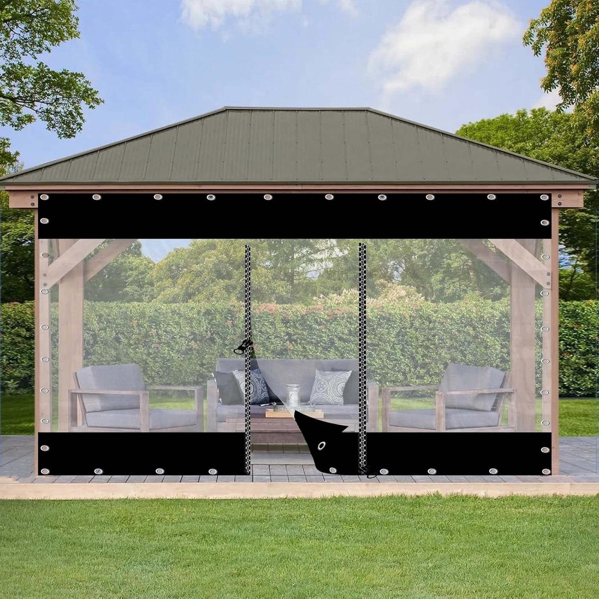 Transparant Zeil Gordijn - Buitengordijn Waterdicht - Terras Afschermen - Met Rits Deur - 5x2.5m - Zwart