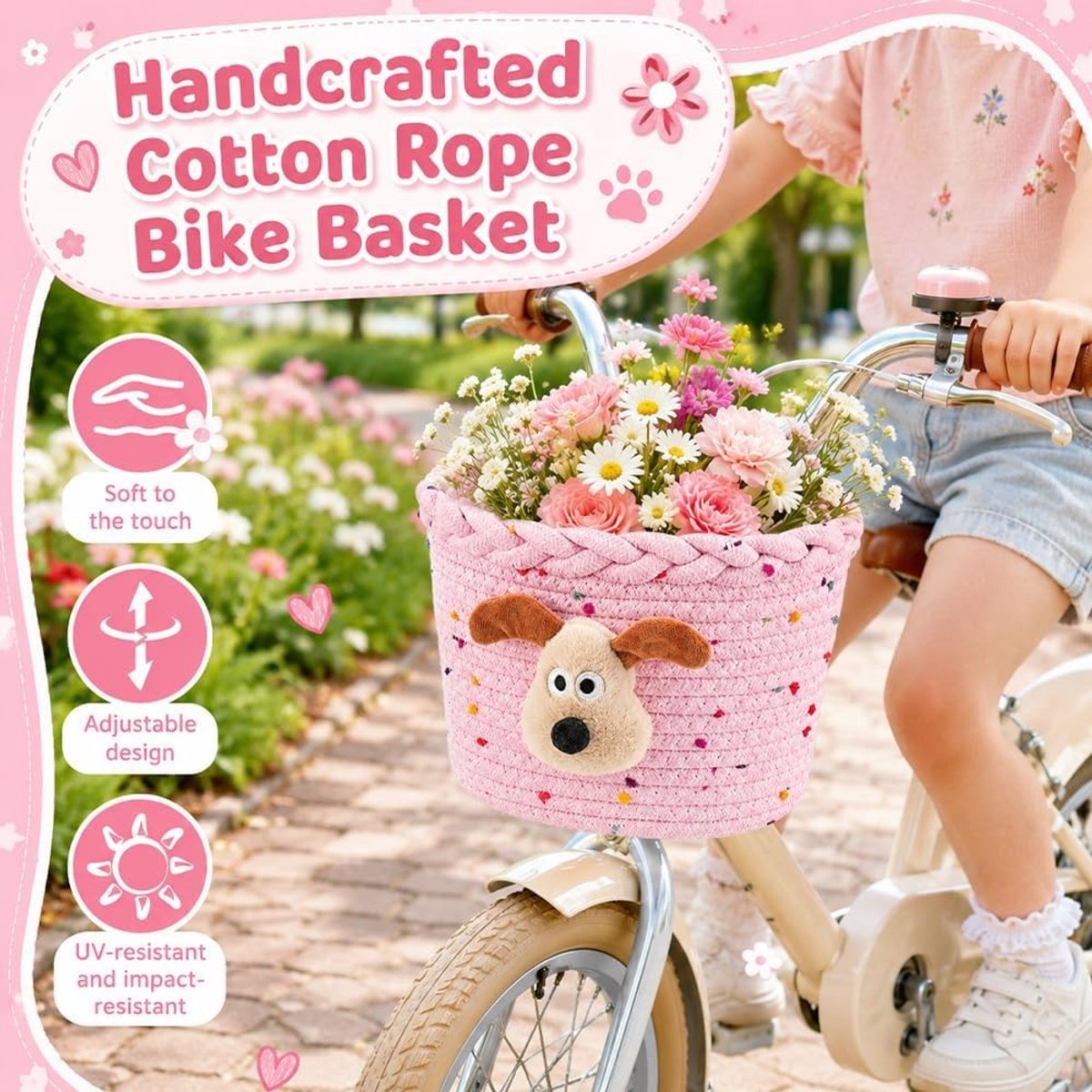 Fietsmand voor hond - Roze - Katoenen Touw - Afneembare Kinderfietsmand met Speelse 3D Pluche Hond - Voor Kinderen