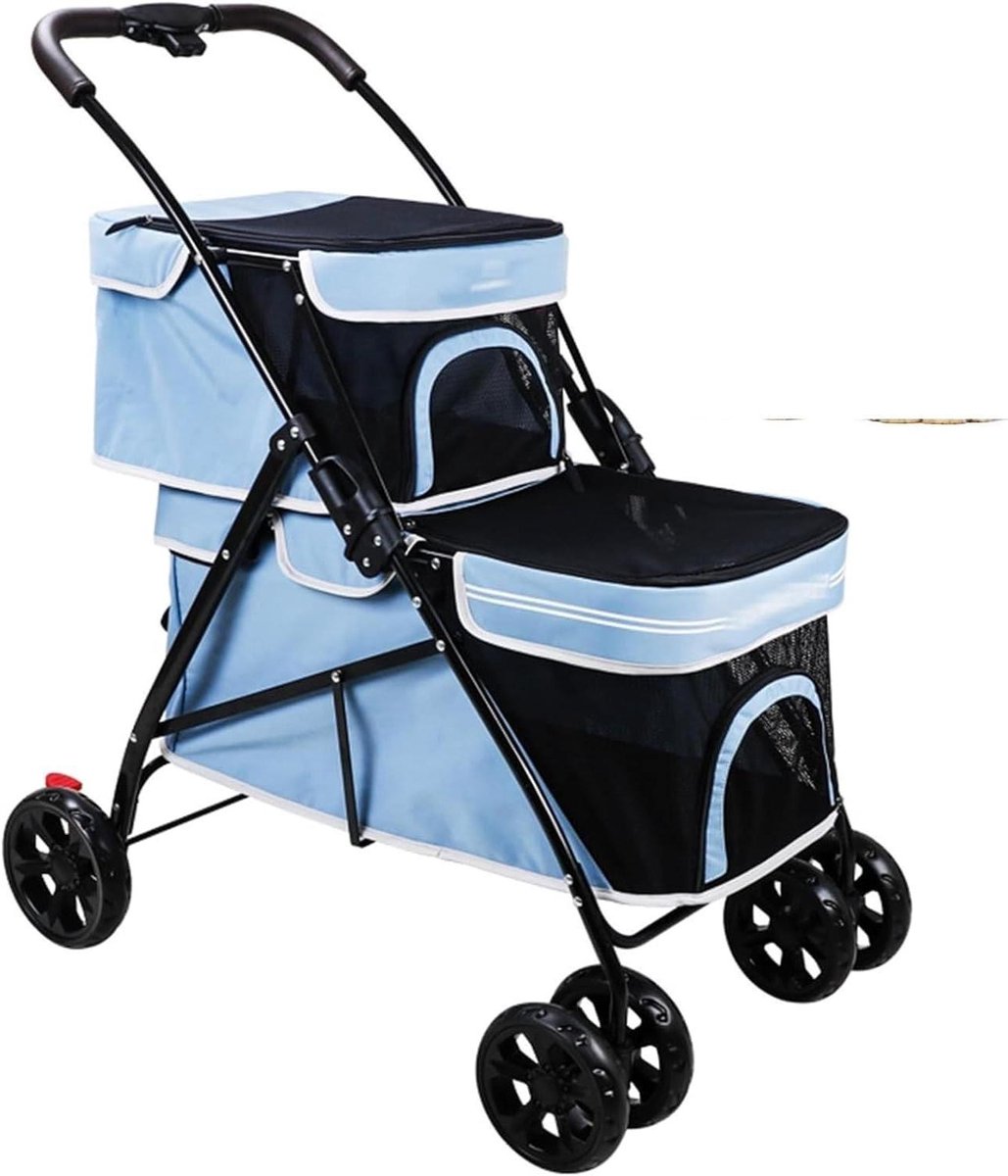 Opvouwbare Huisdierbuggy - Hondenbuggy Kattenwagen - Reizen met Huisdieren - Afneembare Drager - Voor 2 Huisdieren - Blauw