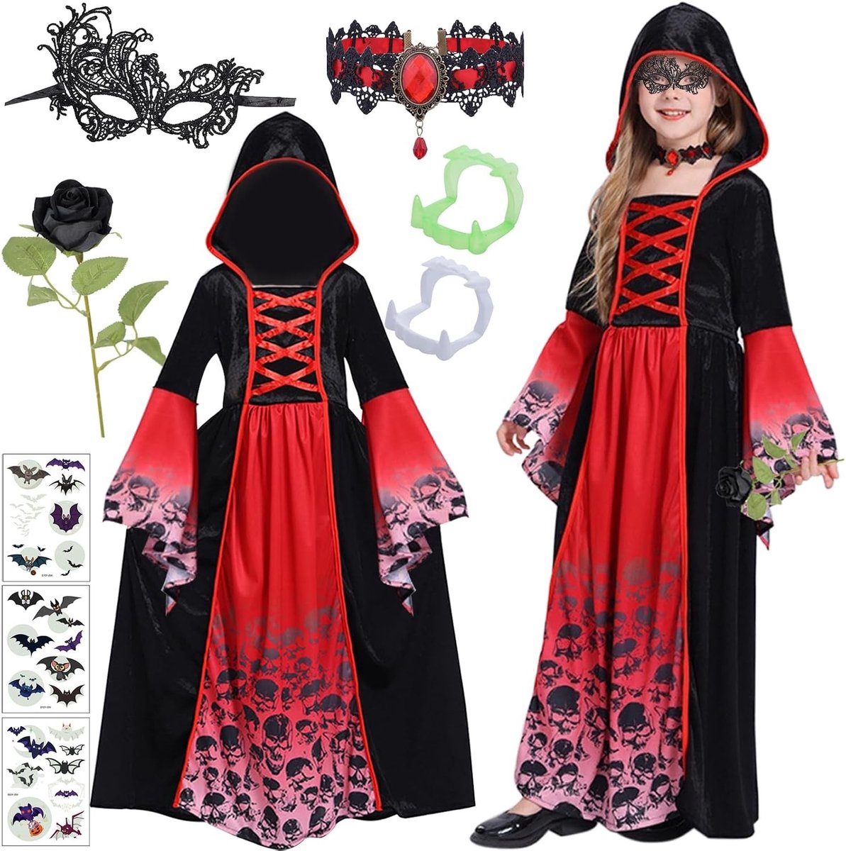 Halloween Vampier Kostuum voor Meisjes, 9 Delen, Gothic Dracula Outfit met Kraag, Tanden en Rozen voor Carnaval en Cosplay
