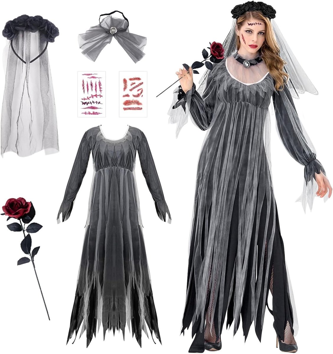 Halloween Kostuum voor Vrouwen - Spookbruid, Zombie Bruid en Vampier Lange Jurk voor Volwassenen - Horror Kostuum voor Carnaval en Cosplay
