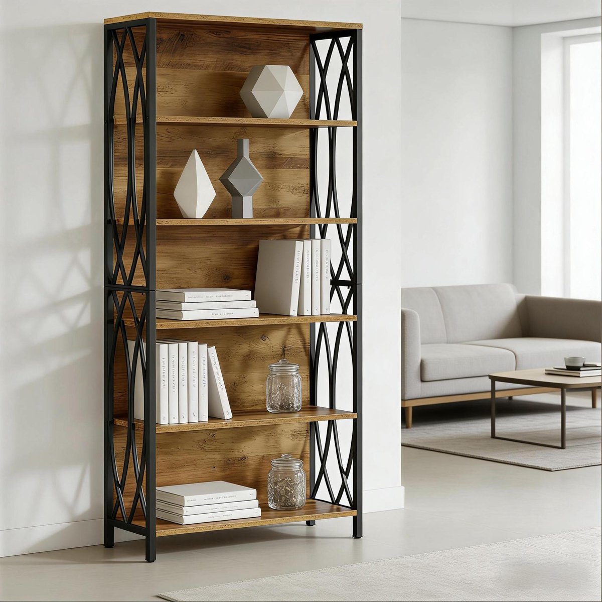 COVREO Boekenkast 80x28x180 cm zwart bruin, MDF met metaal, open opbergkast