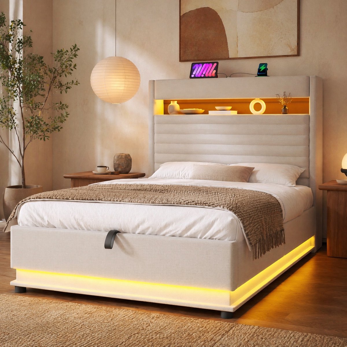 COVREO Bed 90x200 cm beige stof, opbergruimte, LED-verlichting, USB-C