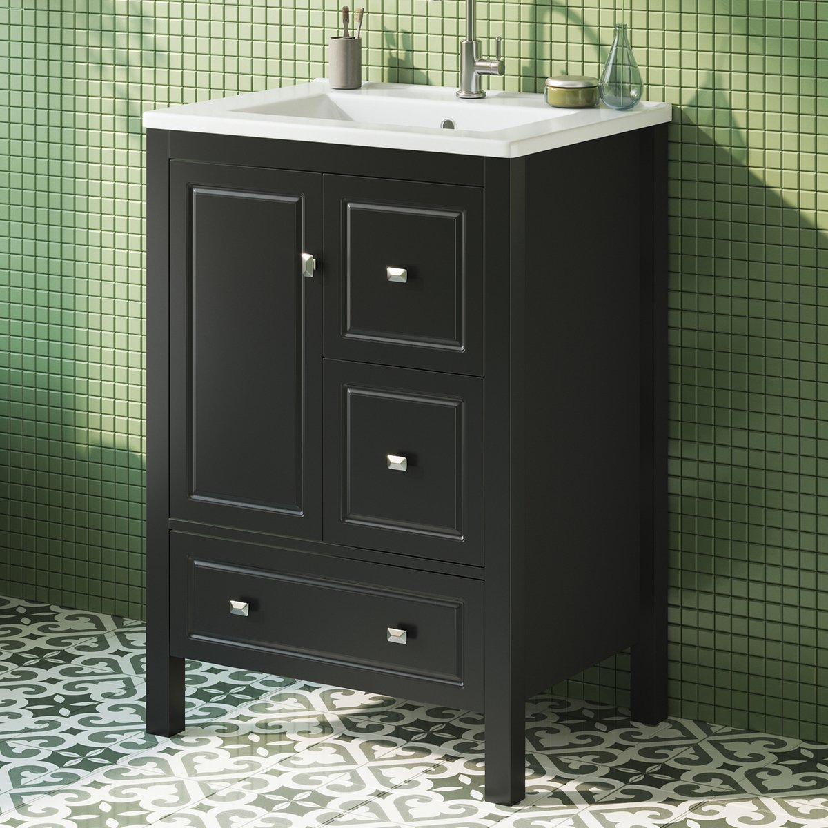 COVREO Badkamermeubel 62x47x90 cm zwart, MDF met keramische wasbak