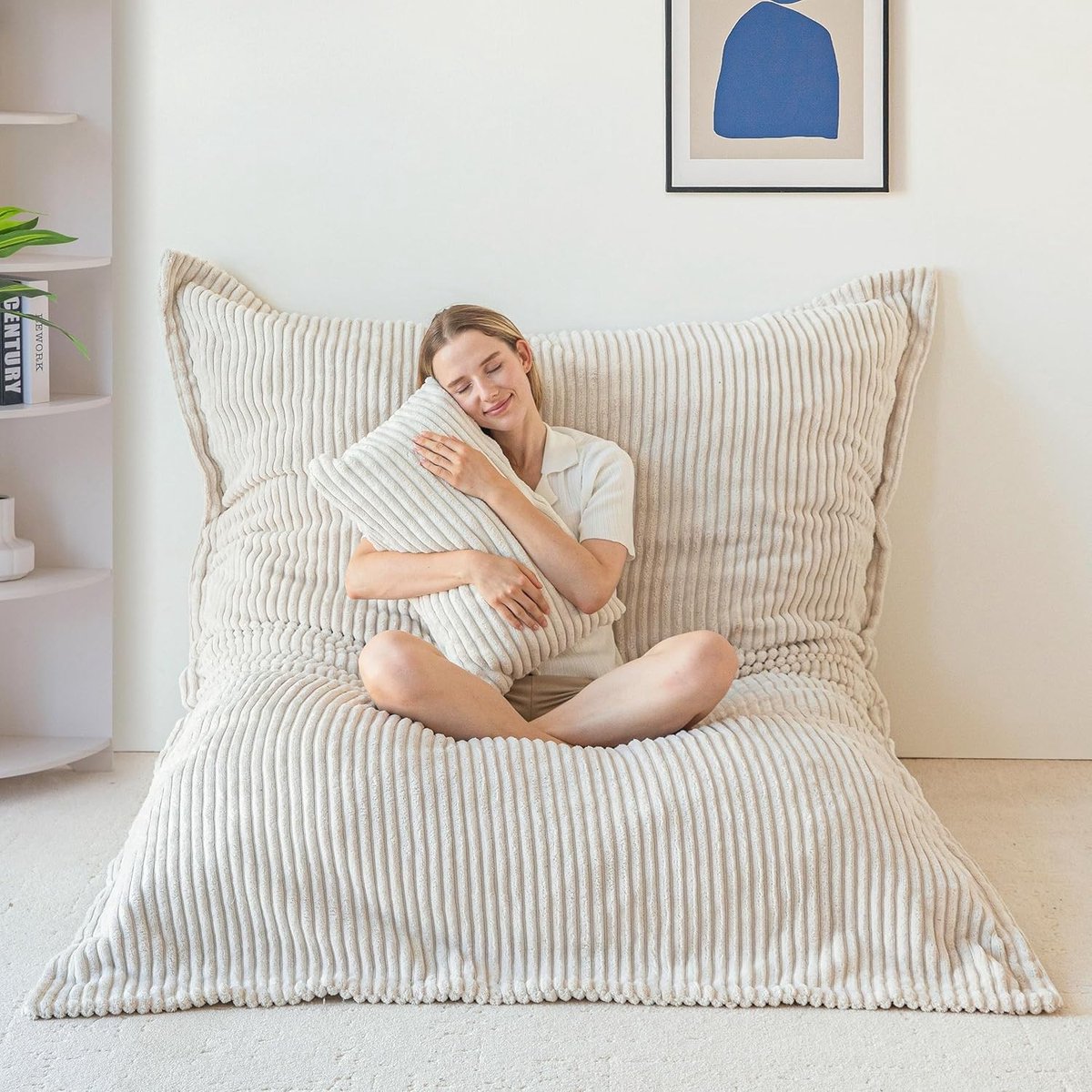 Beanbag large - Crème - 135 x 190 x 25 cm - Zachte Corduroy Zitzak met Afneembare Hoes - Voor Volwassenen en Kinderen