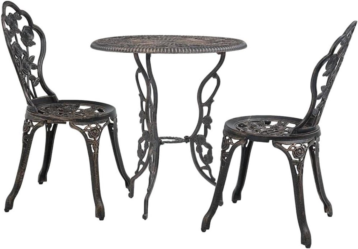 Bistroset Gegoten Aluminium - Tuintafel Zitgroep - Buiten Eten - Elegant Bloemenpatroon - 59 x 59 x 62 cm - Brons