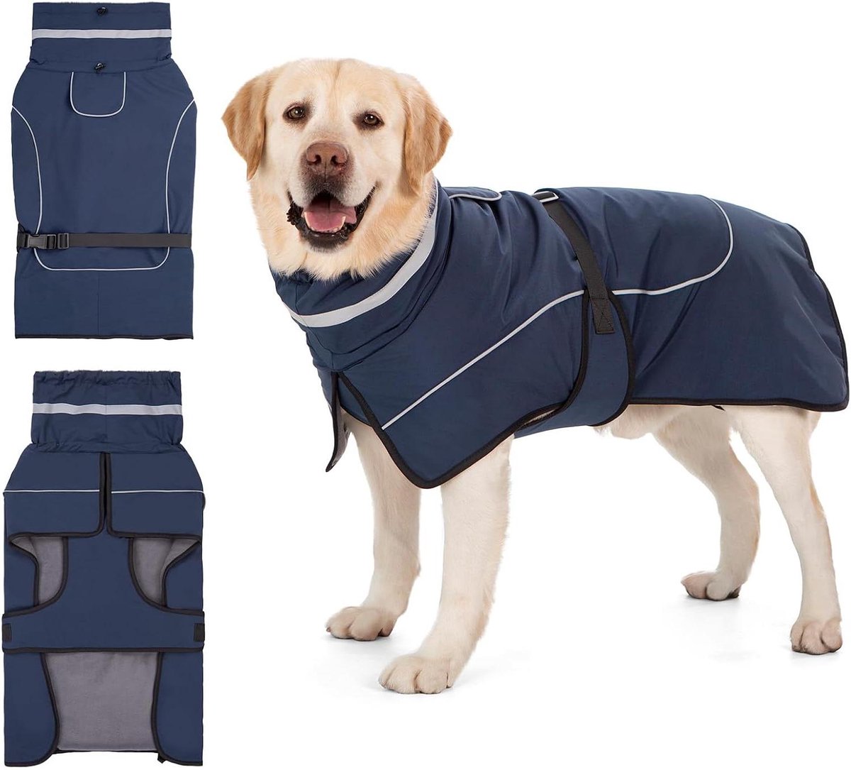 Waterdichte Hondenjas - Honden winterjas Honden regenjas - Hond uitlaten - Met fleece kraag - Verstelbaar - Marineblauw