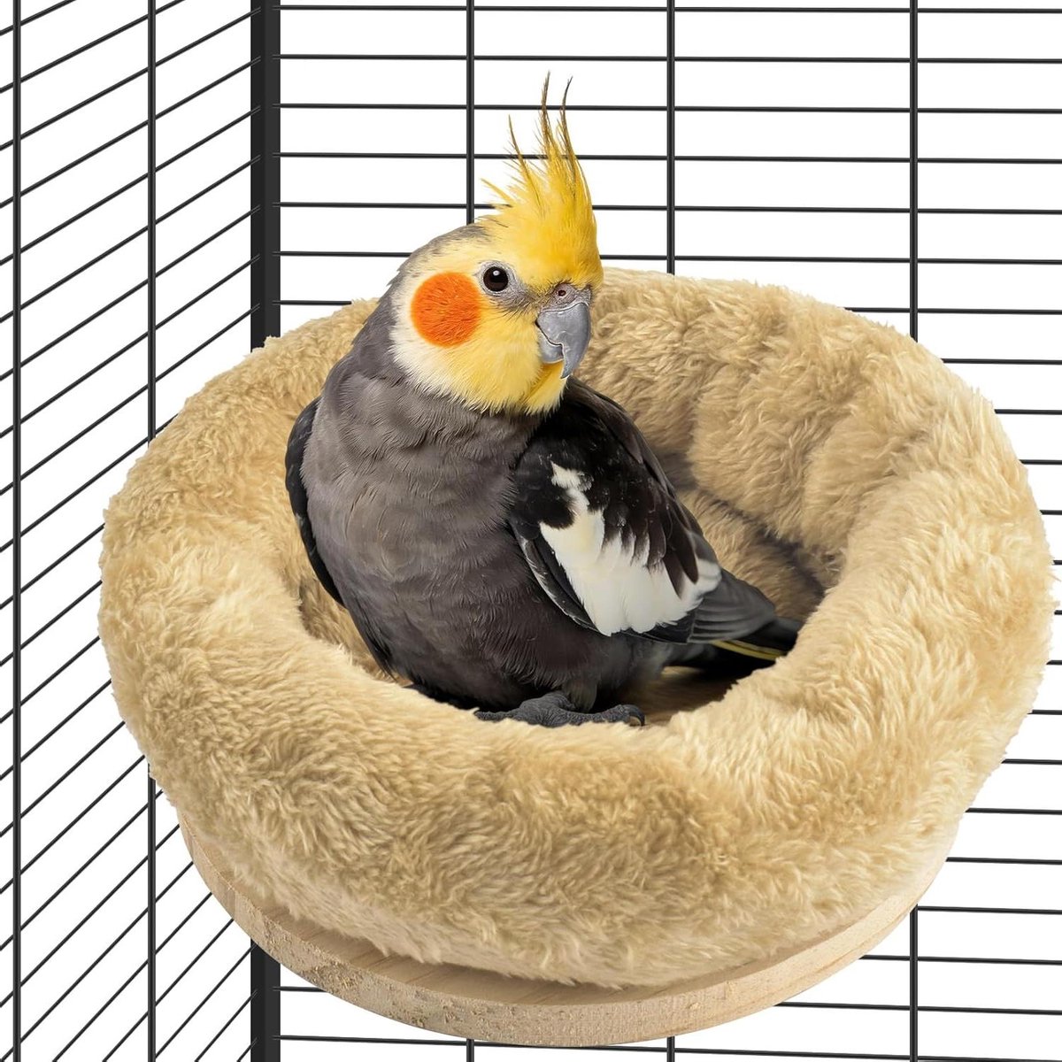 Vogelnest met Zitstok - Vogelhangmat Bed - Vogels Laten Rusten - Verwijderbaar Pluche Kussen - Diameter 20 cm - Beige